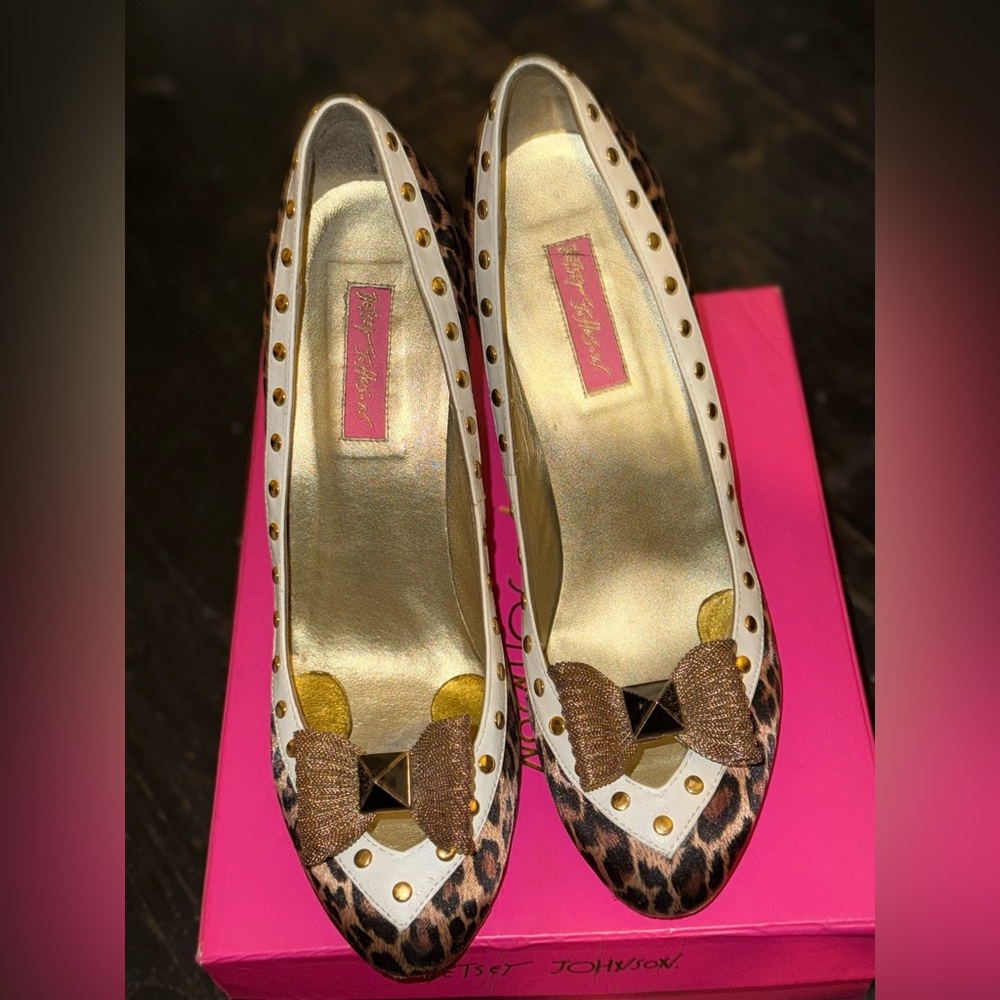 Betsey Johnson Leopard Heels with Gold and Brown Accents
